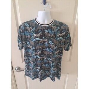 Sunrise Kingdom Men T-Shirt Medium Blue Leaf Print Zebra Tiger Leopard Tropical